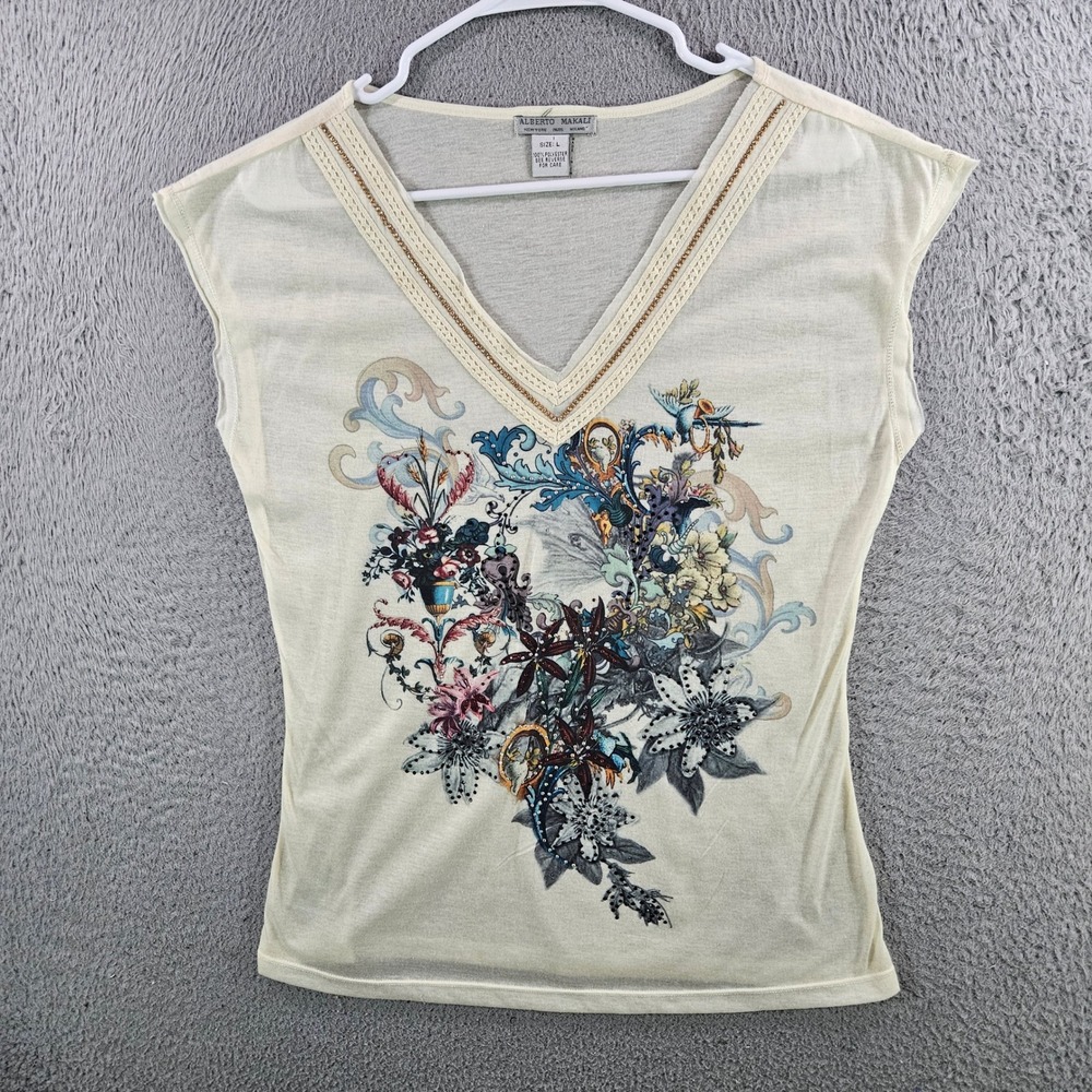 Alberto Makali Womens Ivory Floral Rhinestone V-Neck Cap Sleeve Top Size L